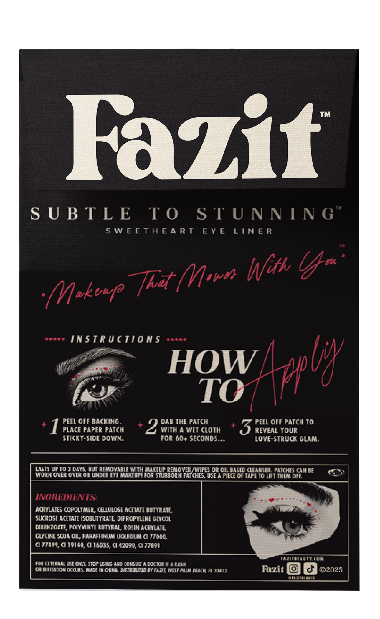 Fazit eyeliner packaging with instructions and application tips on a black background