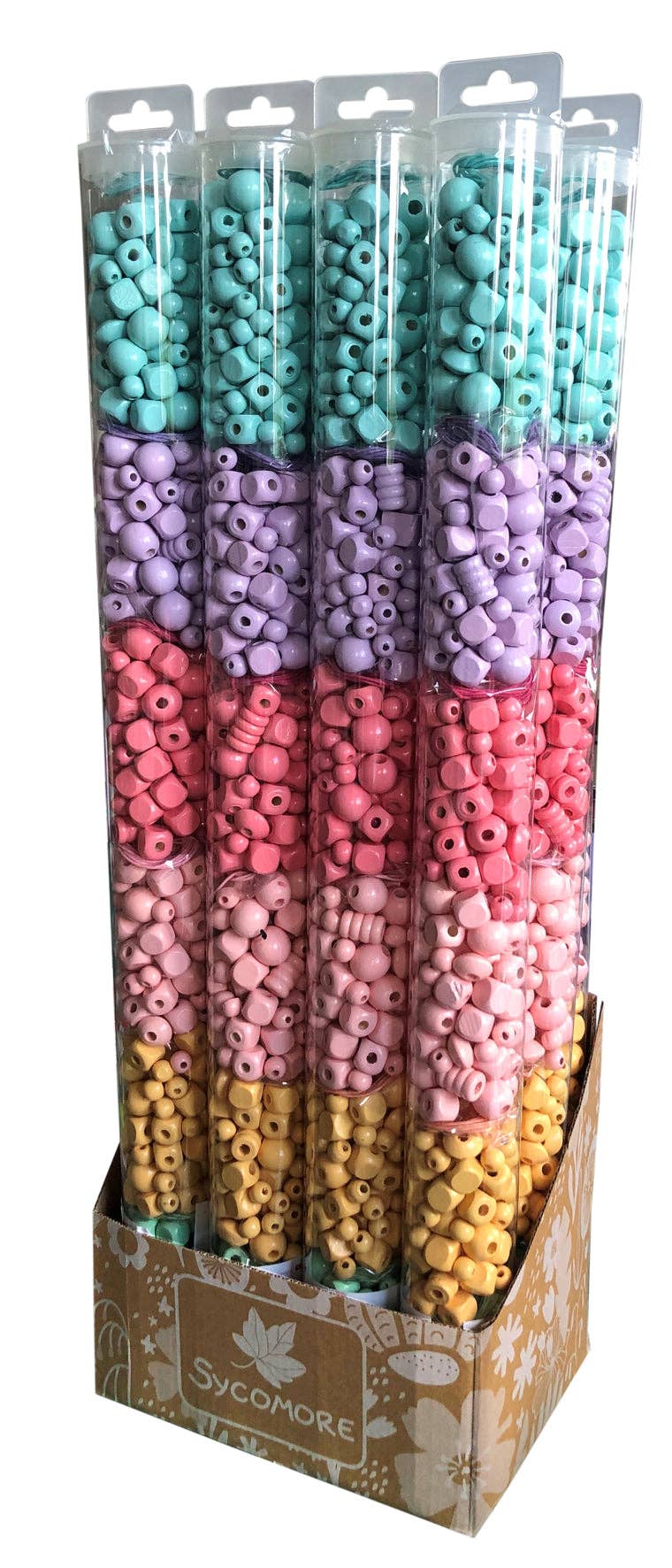 A bulk display box containing six clear plastic tubes filled with colorful round craft beads in horizontal color bands: turquoise, lavender, pink, peach, and yellow. The display box is branded 'Sycamore' and photographed on a white background.