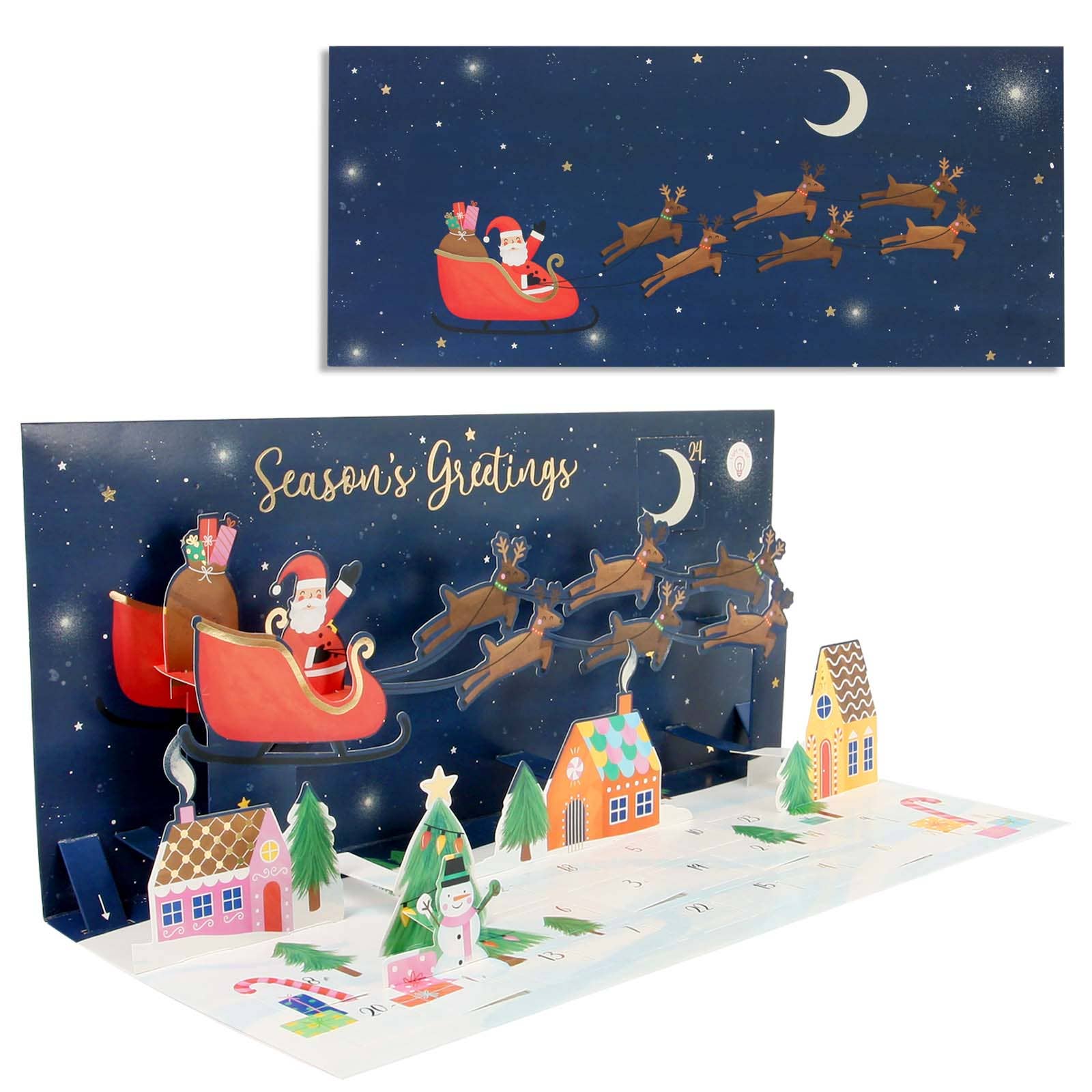 Christmas card with Santa Claus in sleigh and reindeer, houses, and trees on a snowy landscape.