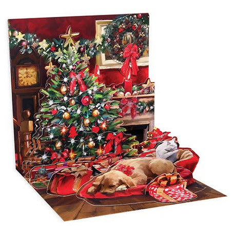Pop-up Christmas card with a dog, Christmas tree, and fireplace
