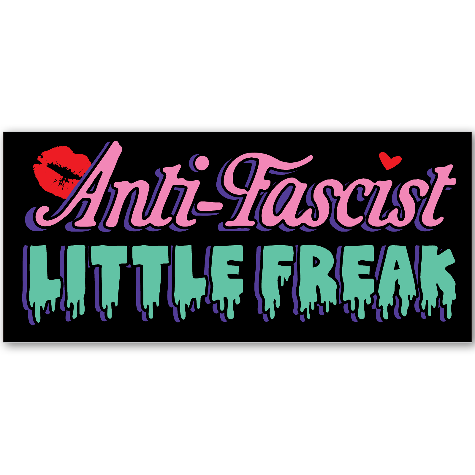 Sticker with 'Anti-Fascist Little Freak' text in colorful letters on a black background.