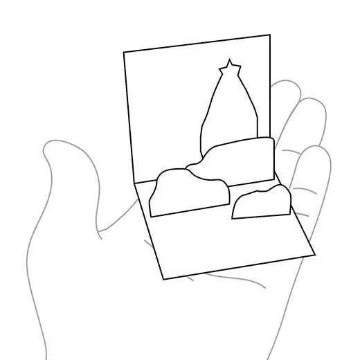 Outline of a hand holding a small rectangular object with a star design.