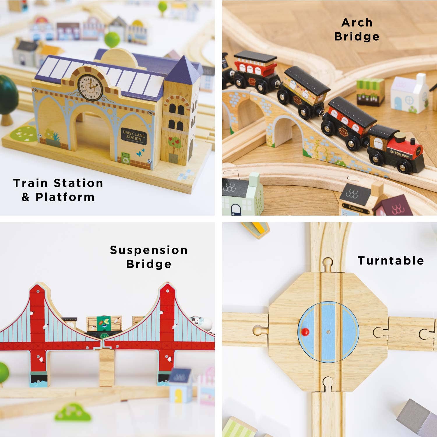 Collage of wooden train set components including a station, bridges, and turntable.