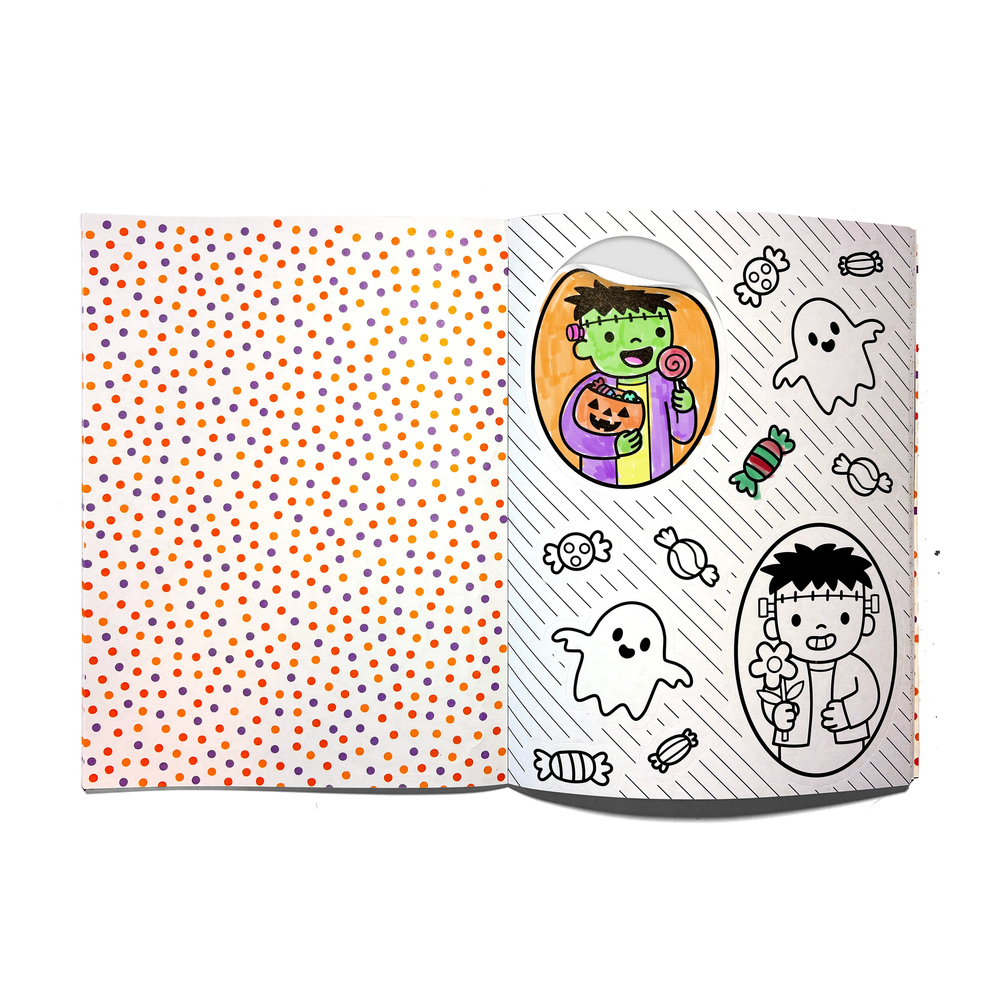 Halloween-themed sticker sheet with characters and icons on a white background