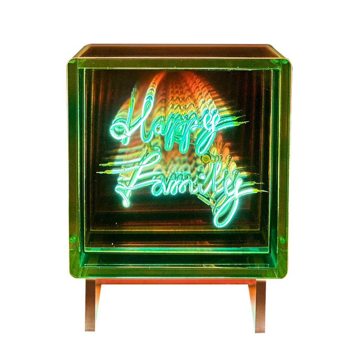 Neon sign with 'Happy Birthday' text inside a glass block on a white background