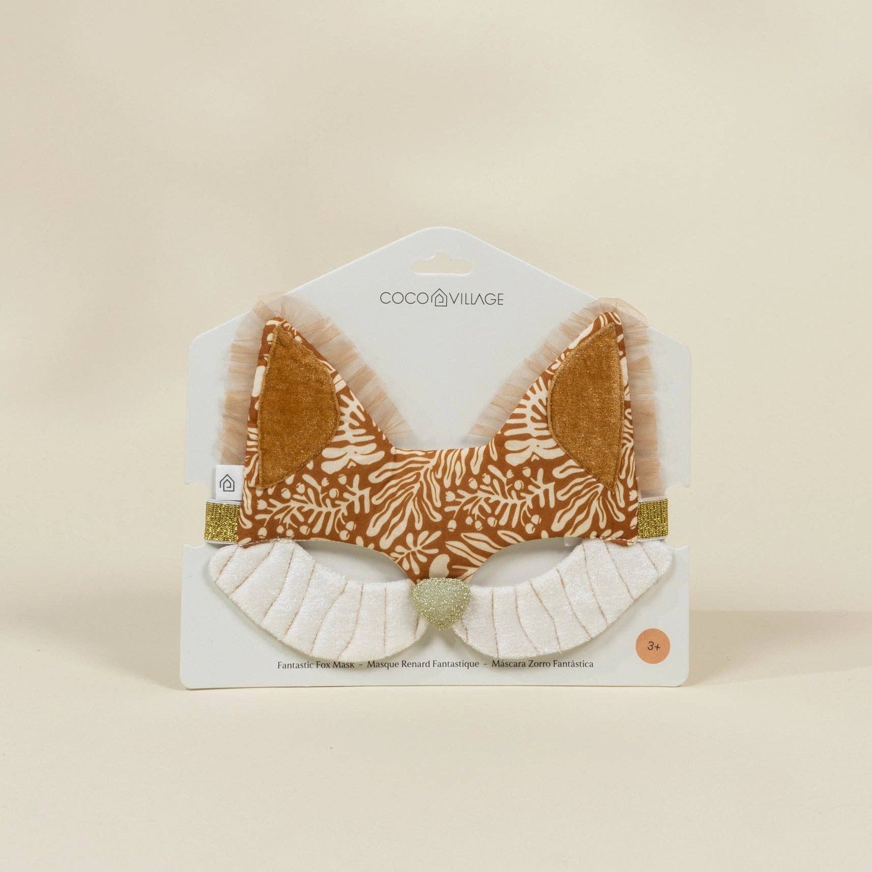 Felt fox-shaped mask on a beige background with 'Coco & Village' branding.