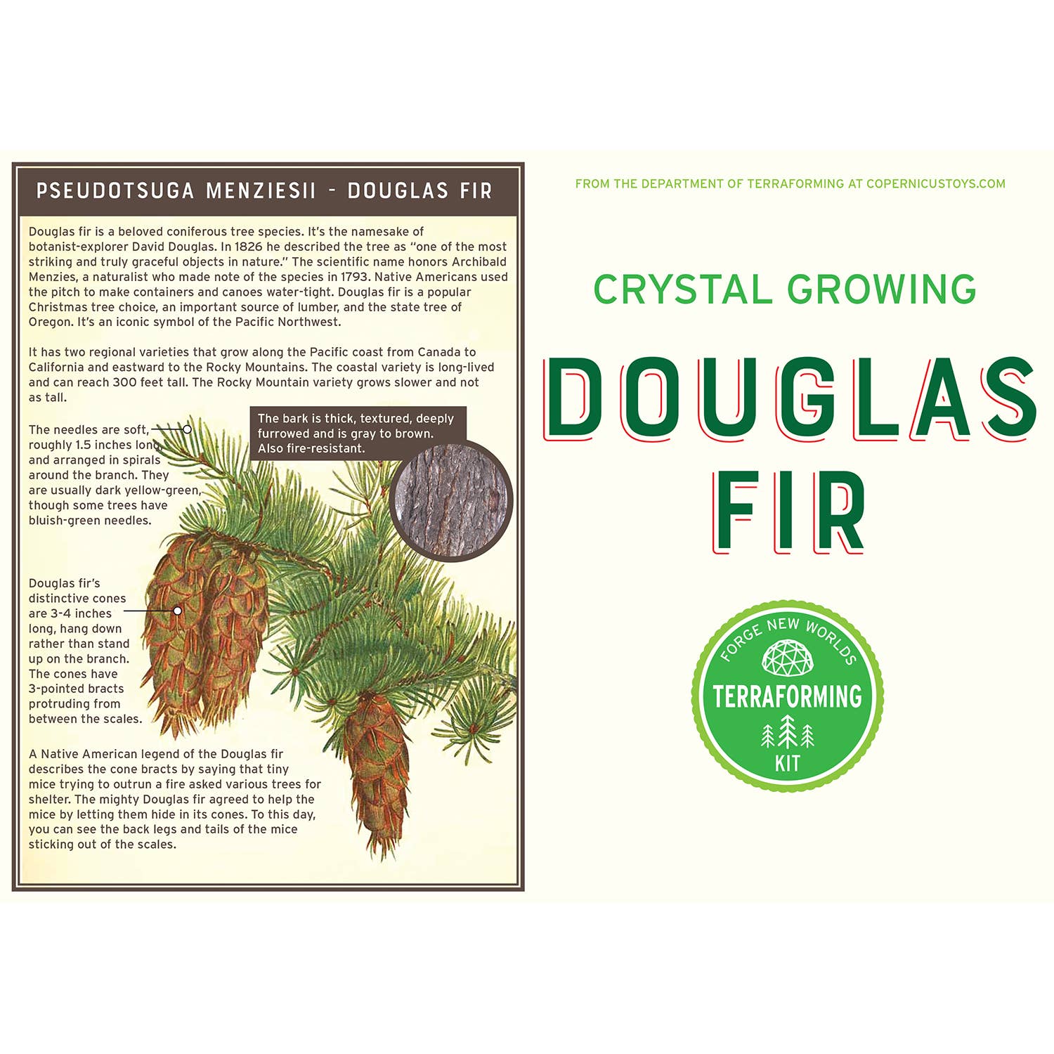 Terraforming kit packaging for Douglas Fir with text and graphics on a white background