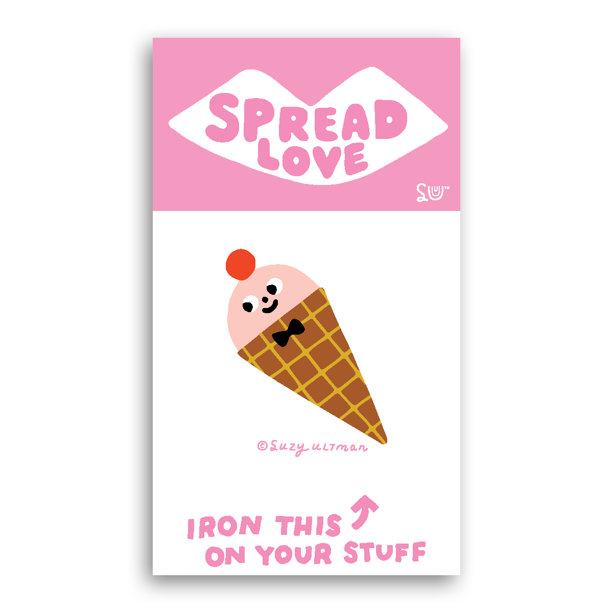 Iron-on label with ice cream cone design and 'Spread Love' text on a pink background