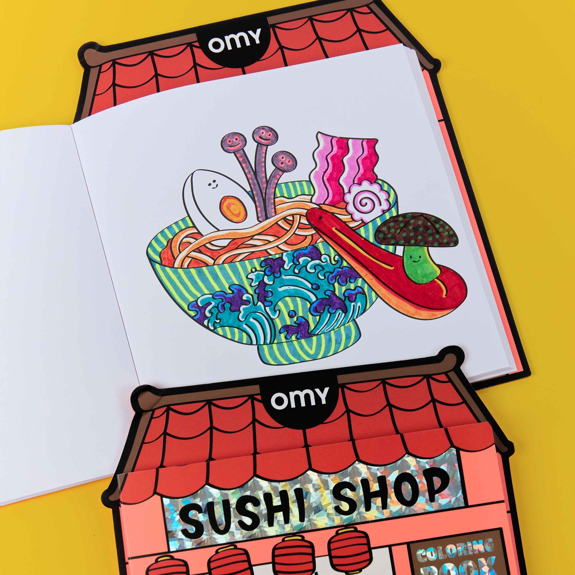 Coloring book with a sushi-themed design on a yellow background