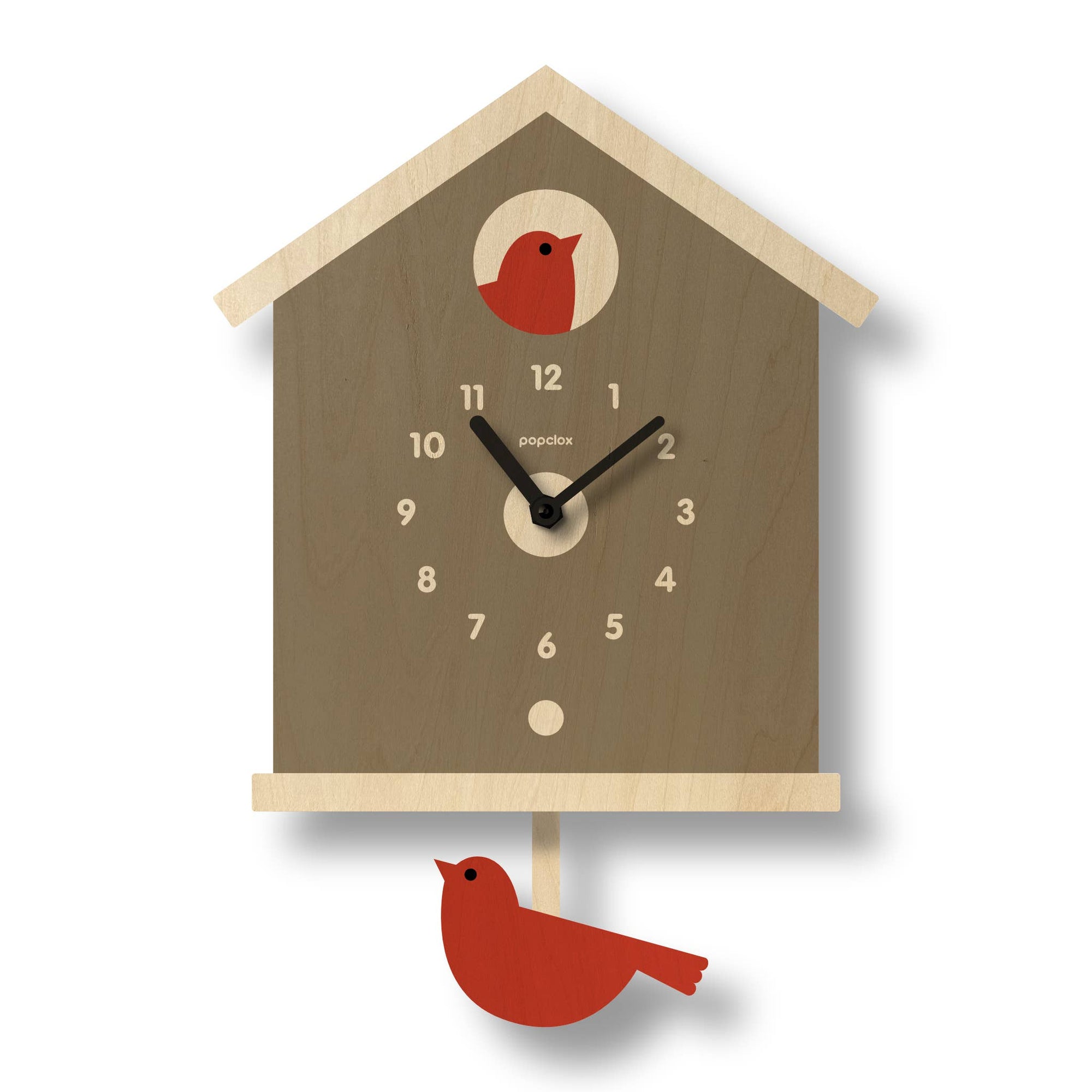 Wooden cuckoo clock with red bird design on a white background