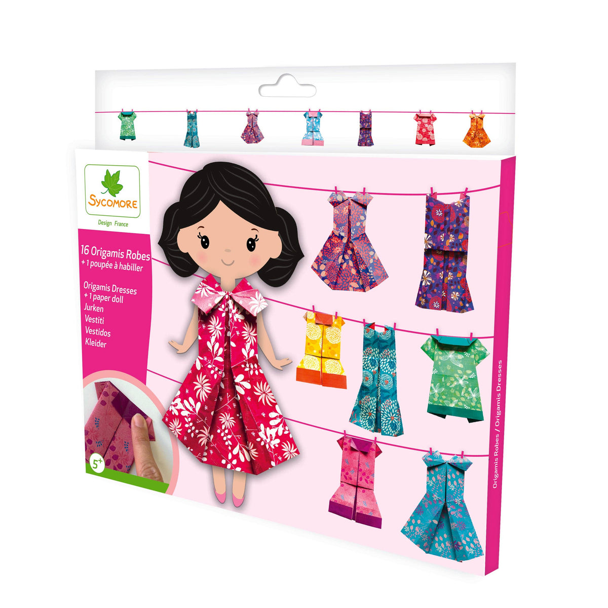 Package of a doll with clothes on a line, featuring a brand logo.