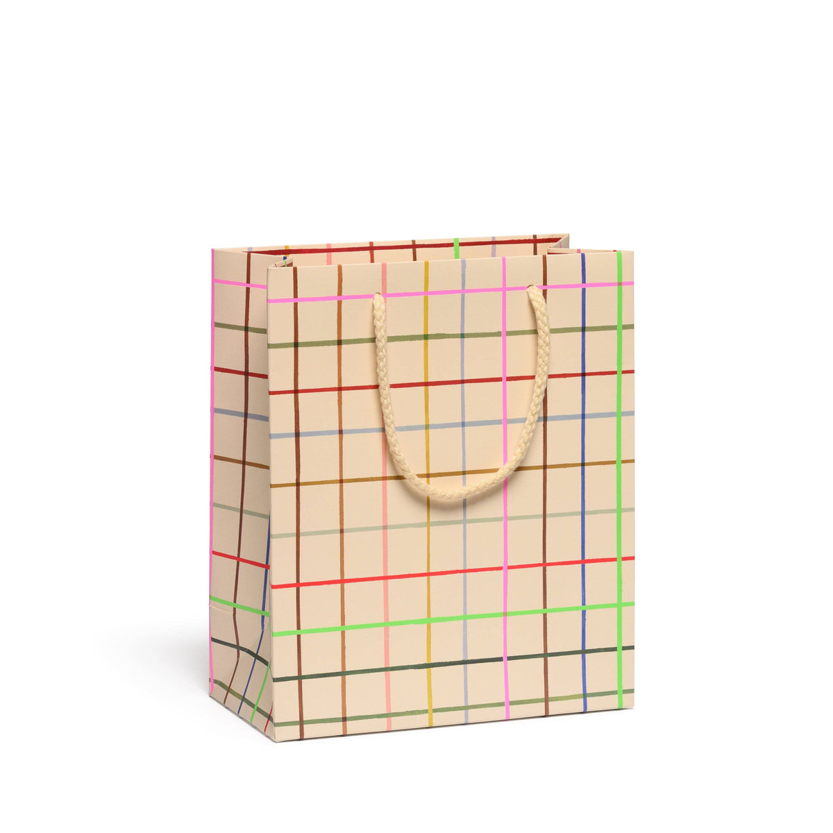 A beige paper shopping bag with a colorful plaid pattern and natural rope handles, shown on a plain white background.