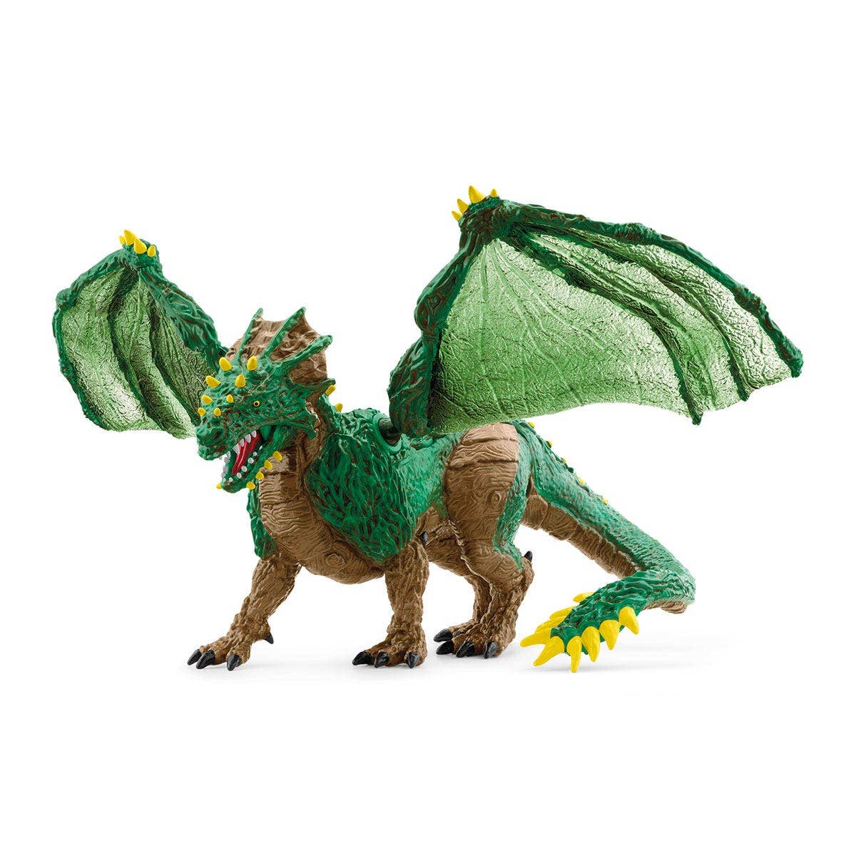 Green dragon toy figure with detailed scales and wings on a white background