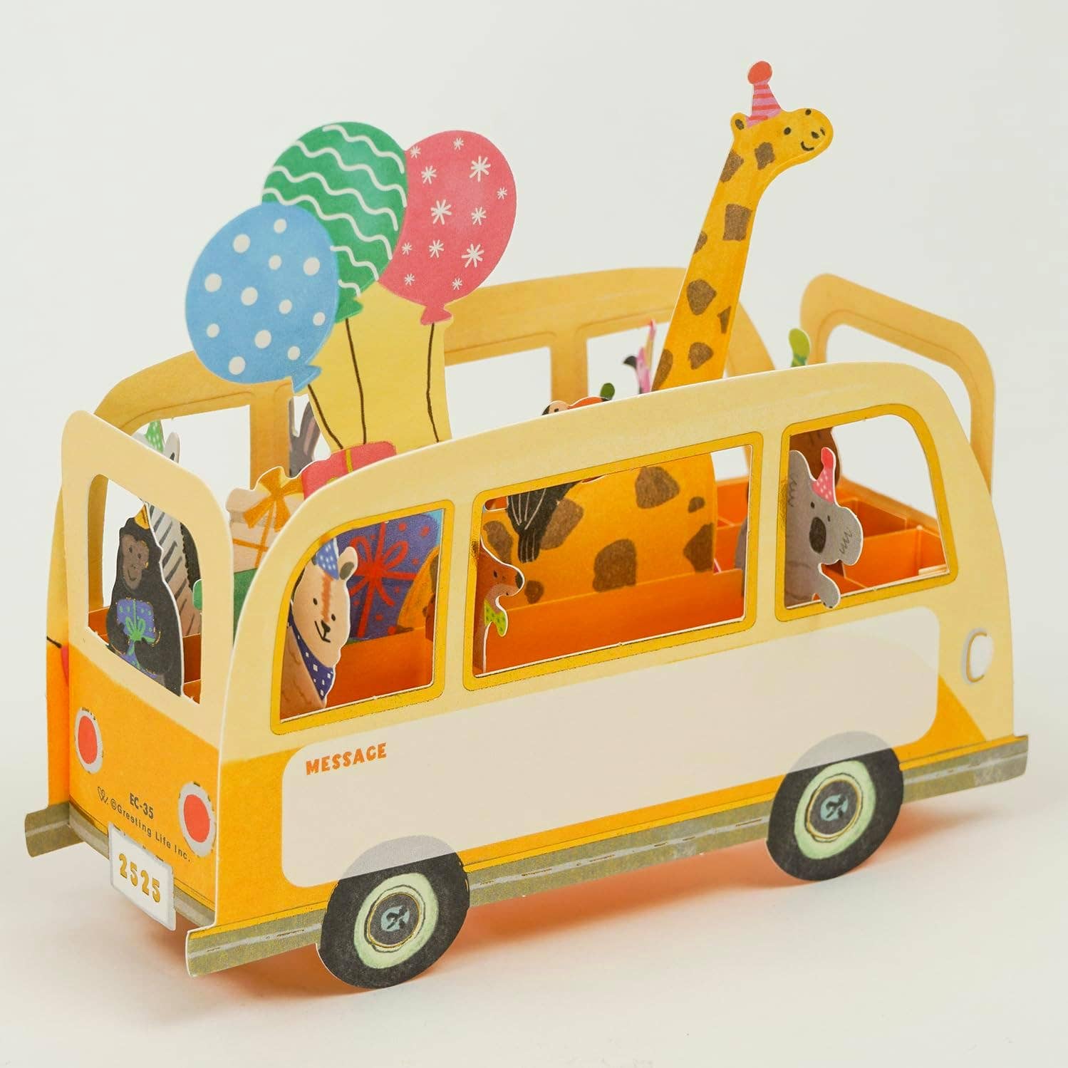 Toy bus with animal characters and balloons on a white background