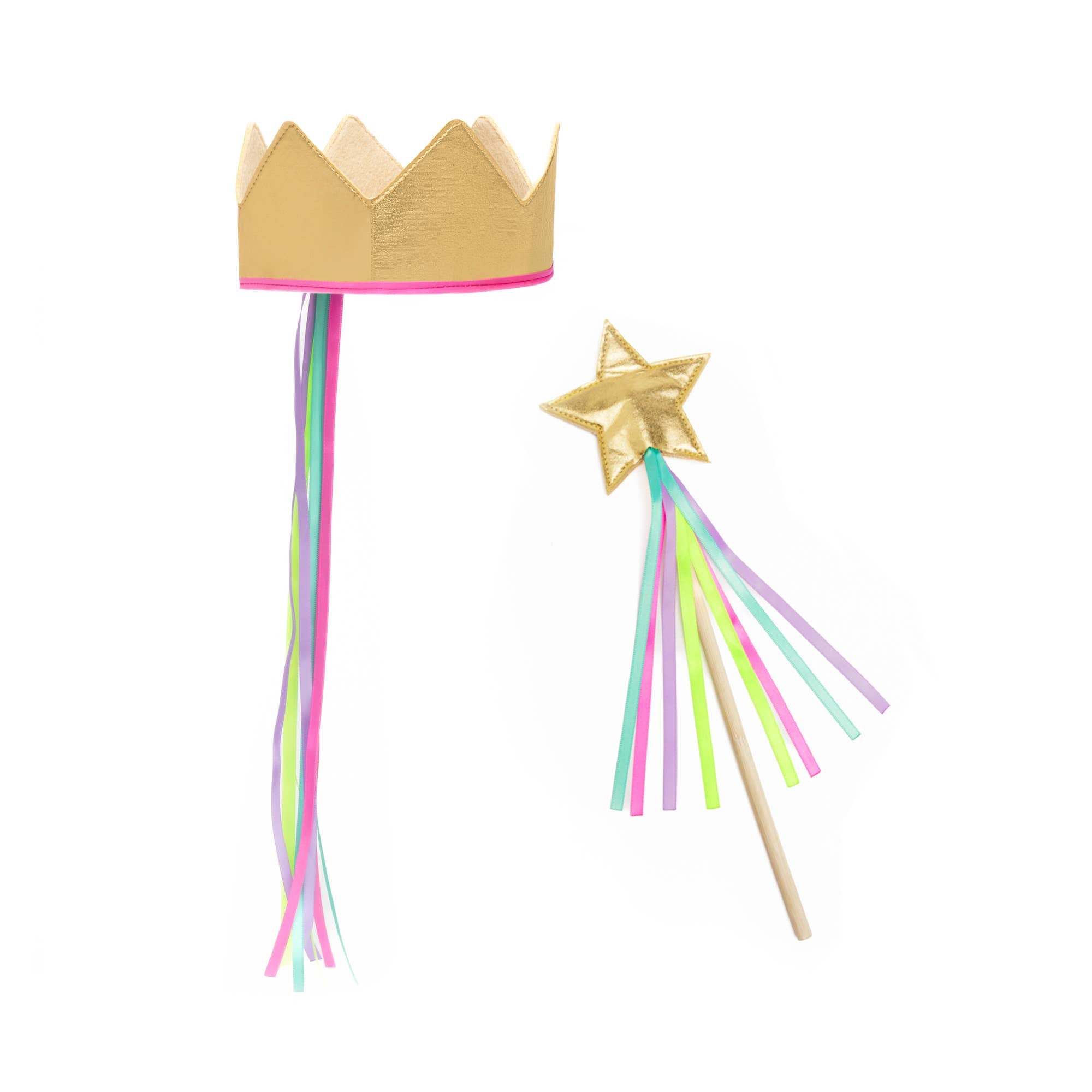 Gold crown with pink trim and colorful tassels, accompanied by a gold star wand with multicolored tassels on a white background.