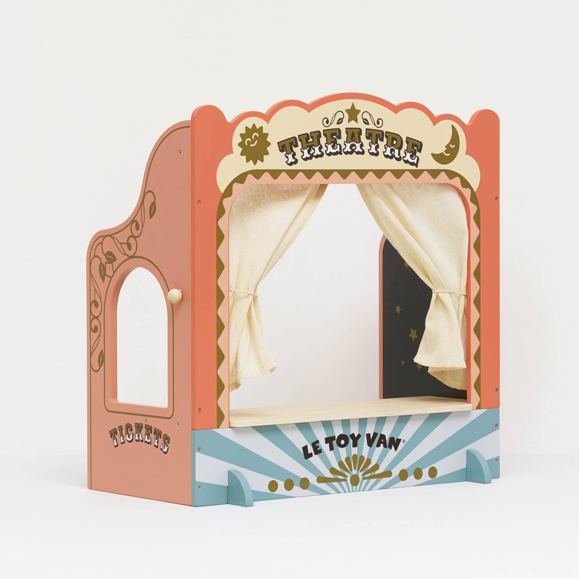 Toy puppet theater with curtains and 'Le Toy Van' branding on a white background