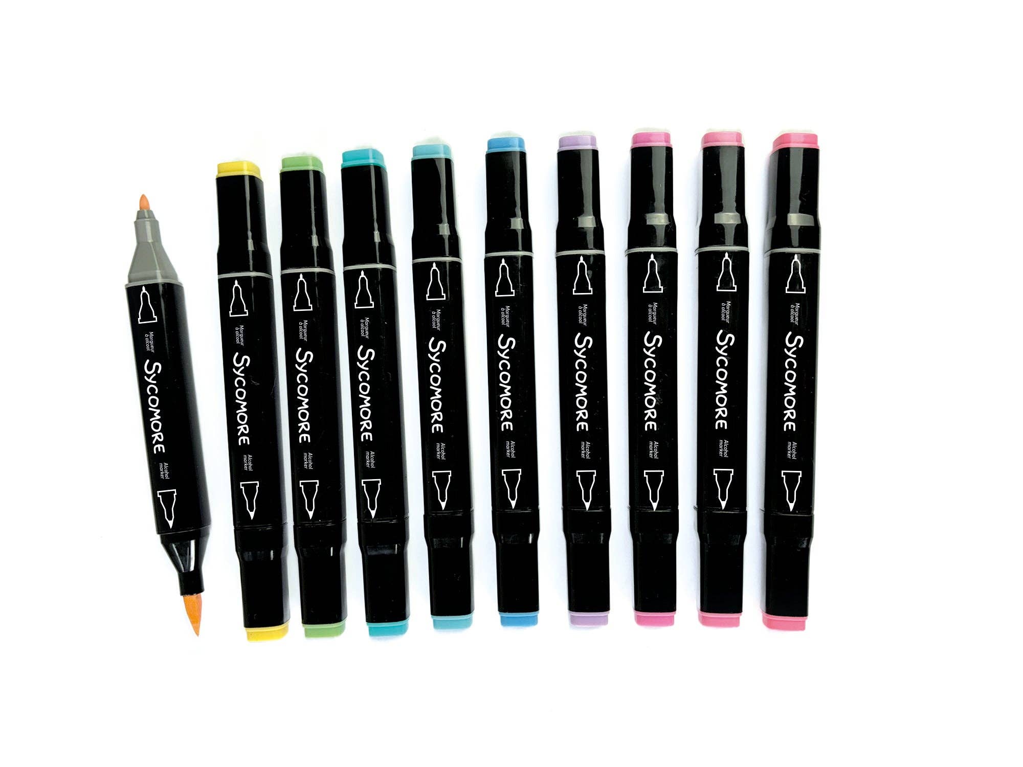 Set of black markers with colored tips on a white background