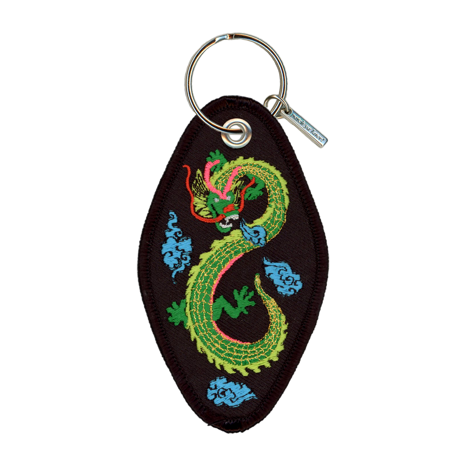 Keychain with embroidered green dragon design on a black background