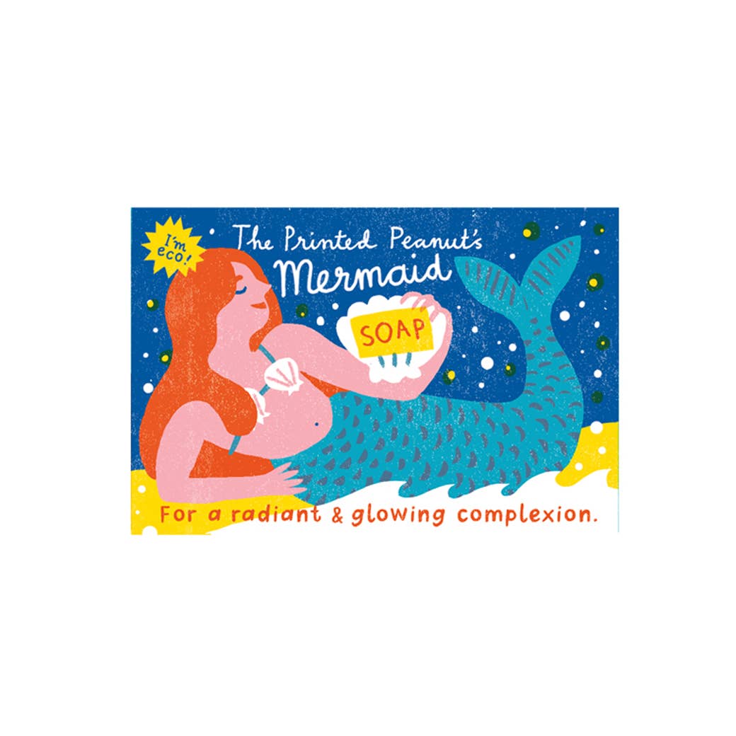 Illustration of a mermaid holding soap with text about 'The Printed Peanuts' and eco-friendly soap.