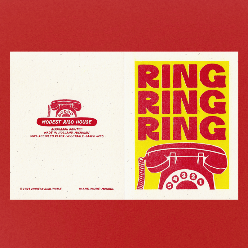 A square art print or packaging panel shown front and back on a solid red background. The right panel features large red 'RING RING RING' lettering over a yellow rectangle with a red rotary phone illustration.