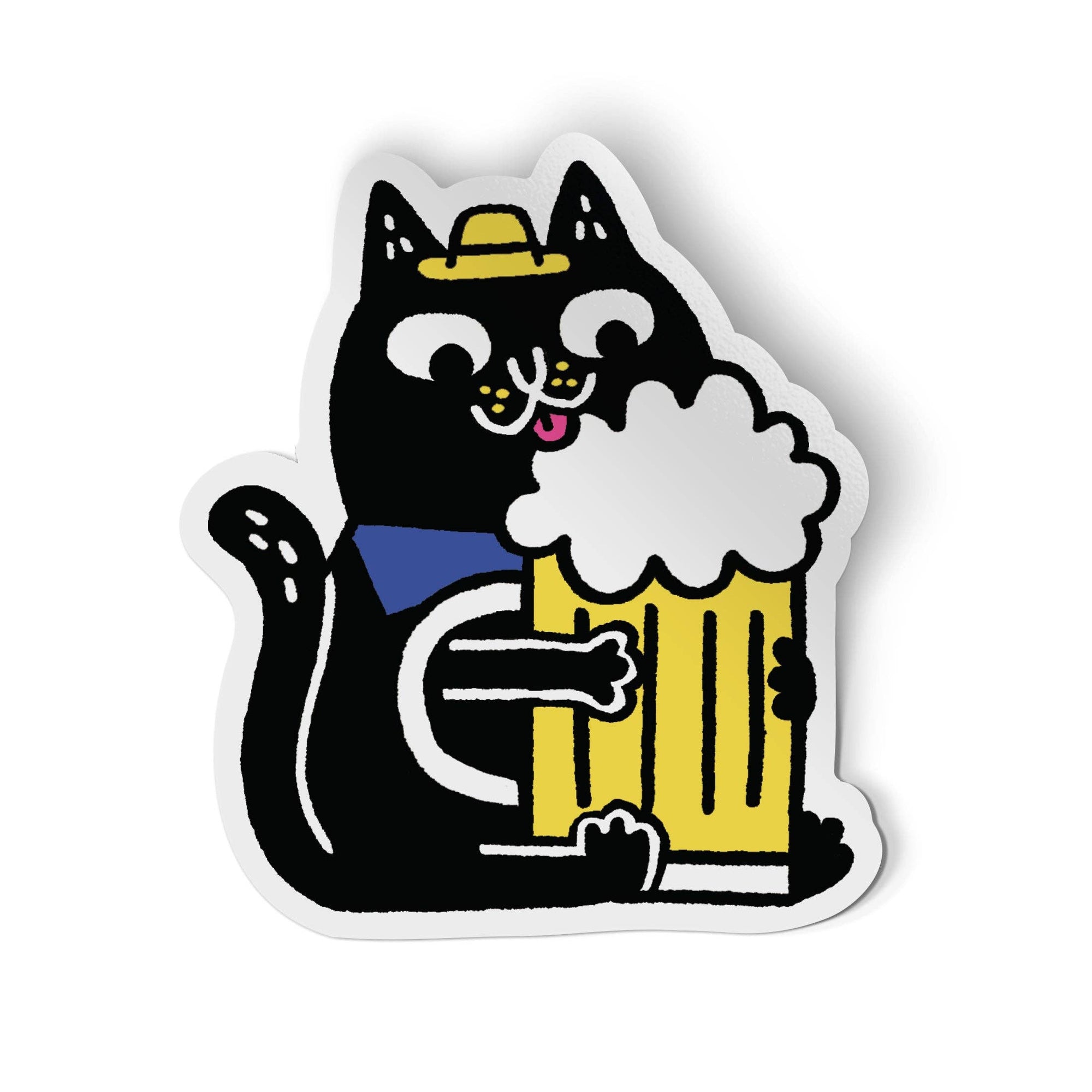 Sticker of a black cat holding a beer mug with foam on a white background