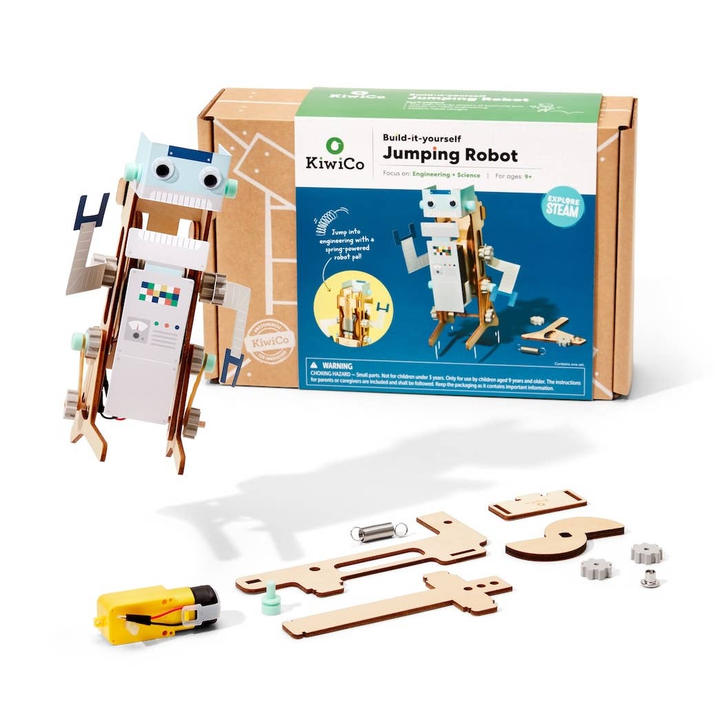 KiwiCo jumping robot building kit with components and packaging on a white background