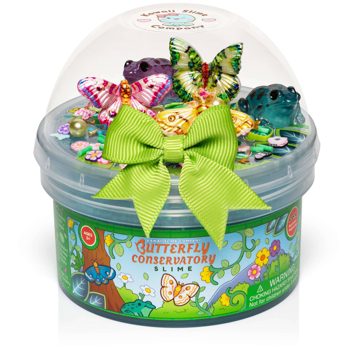 Butterfly conservatory slime set with colorful toys and a green bow on a white background