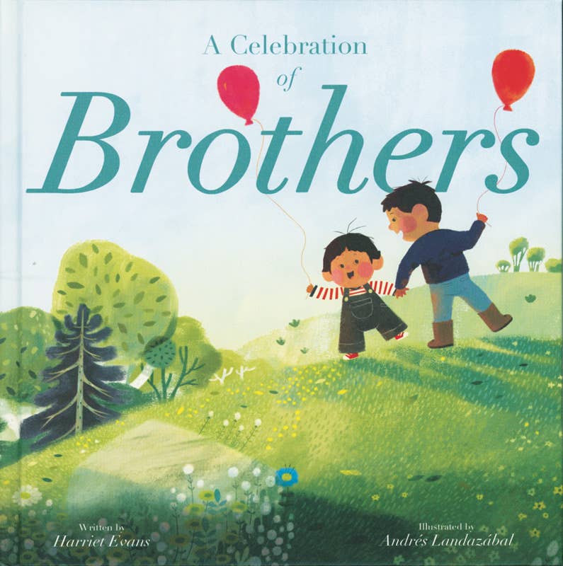 Book cover of 'A Celebration of Brothers' with two children holding balloons in a park.