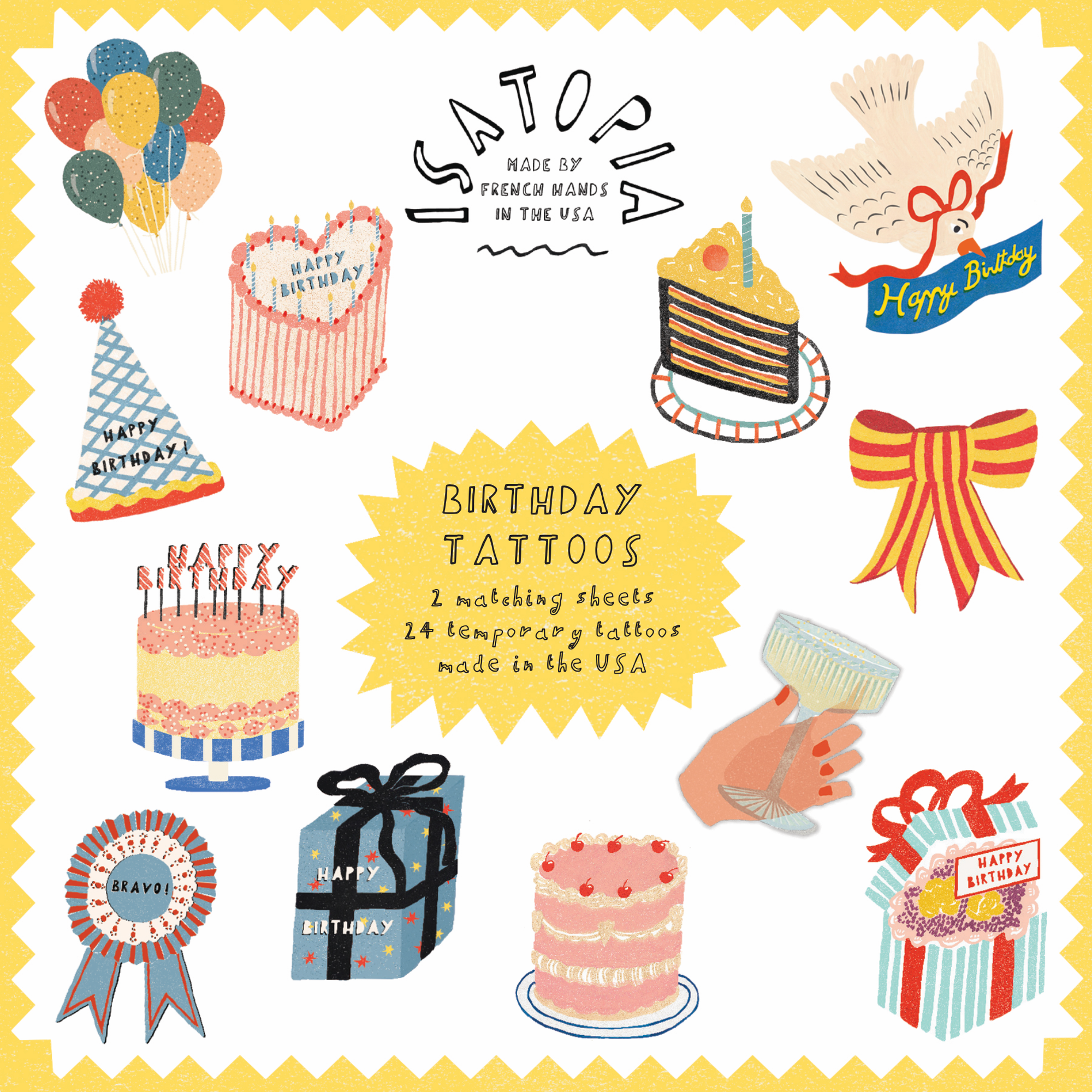 Birthday-themed tattoos with various illustrations on a yellow border, featuring the brand 'Satoopia'.