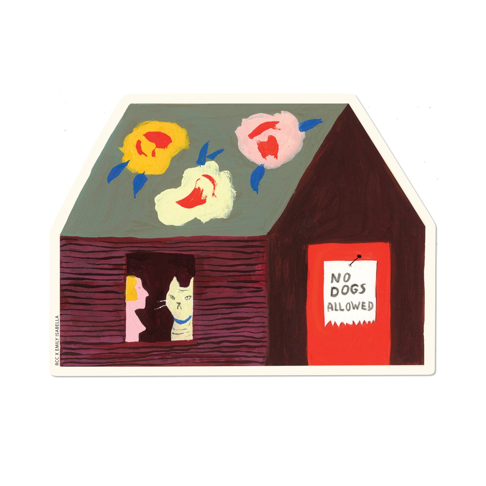 Illustration of a house with floral decorations and a 'No Dogs Allowed' sign on a white background