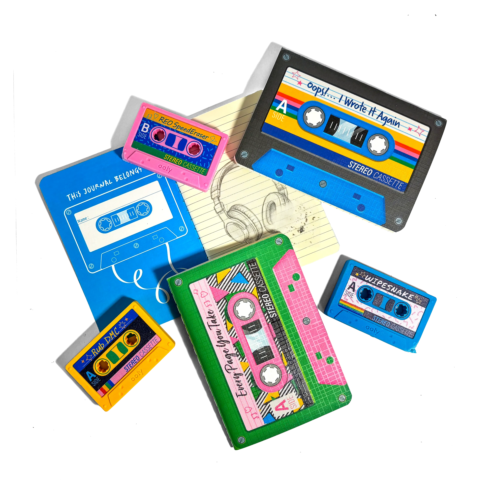 Collection of colorful cassette tapes on a white background