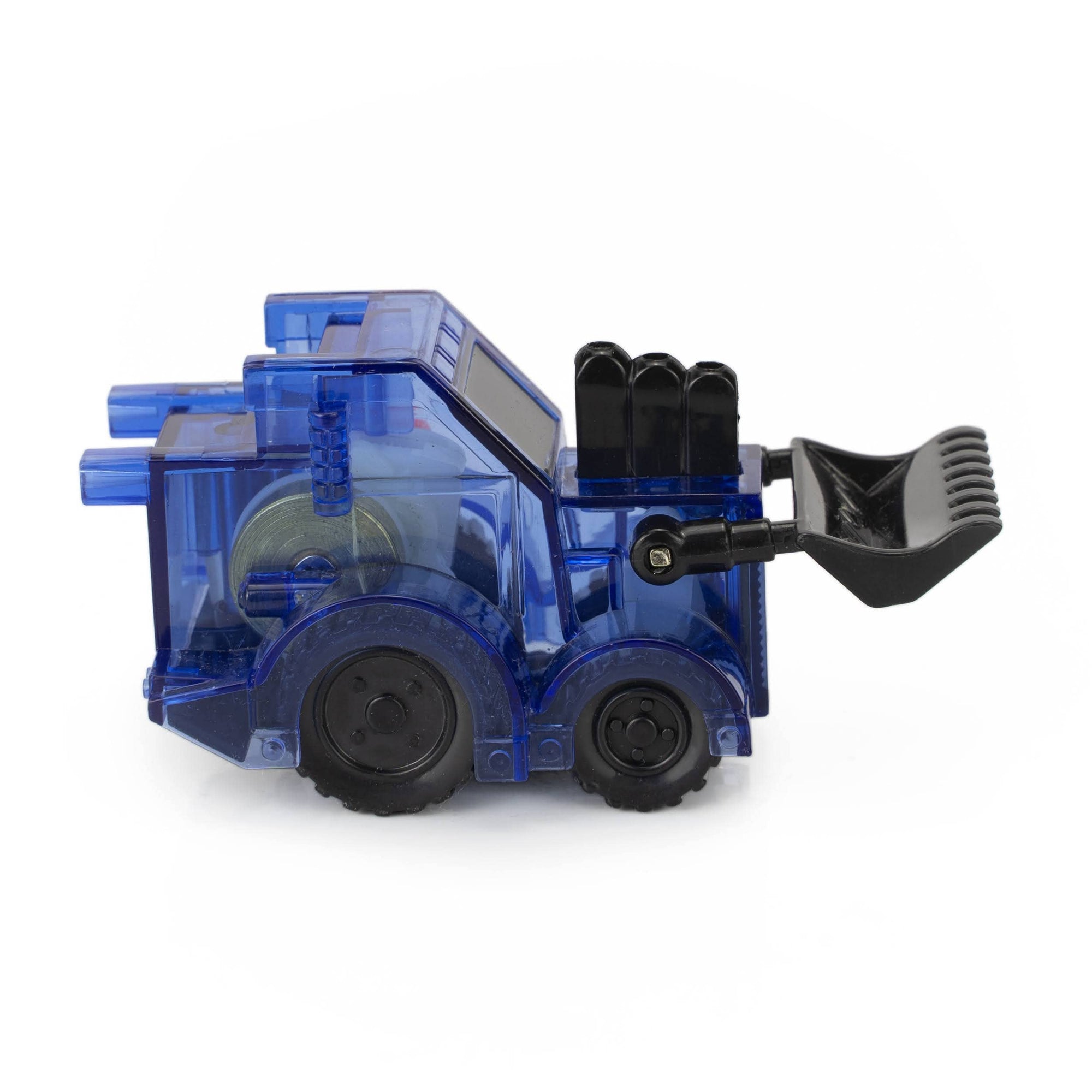 Blue toy construction vehicle with black attachments on a white background