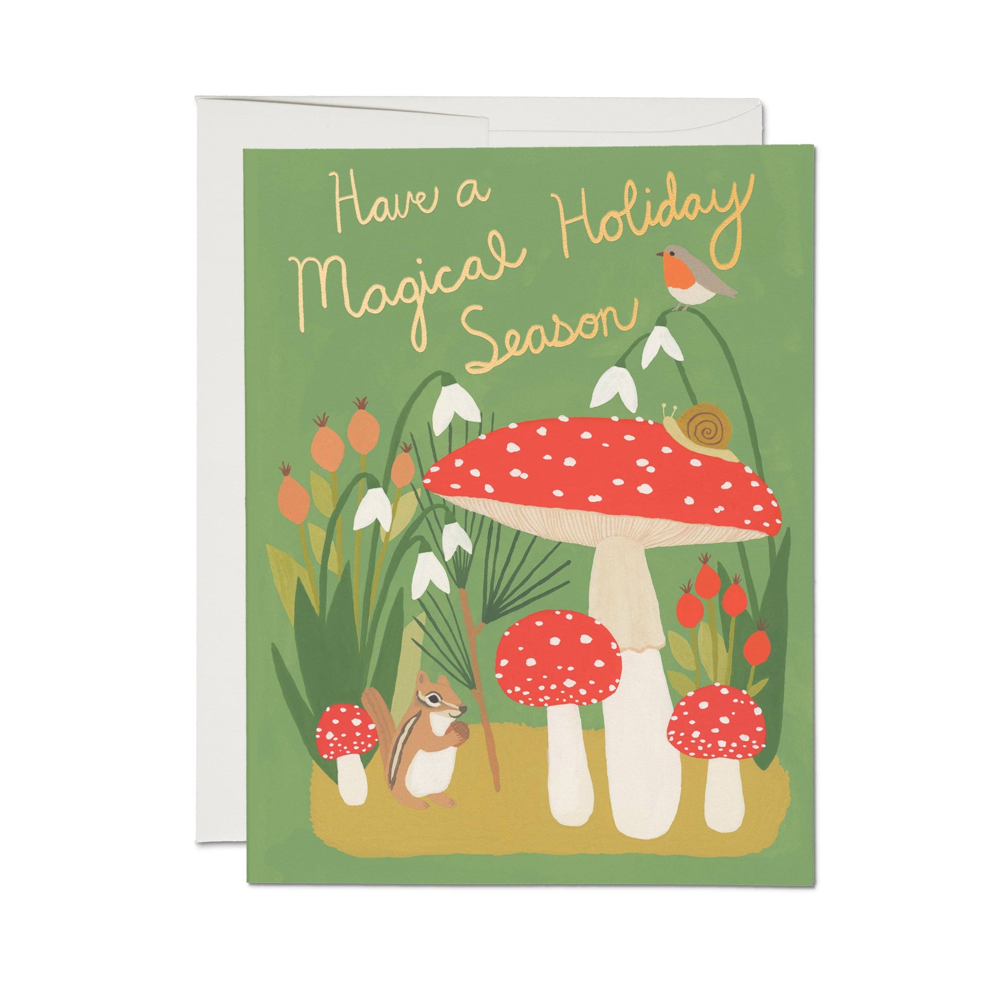 Greeting card with mushrooms, a squirrel, and text 'Have a Magical Holiday Season' on a green background.