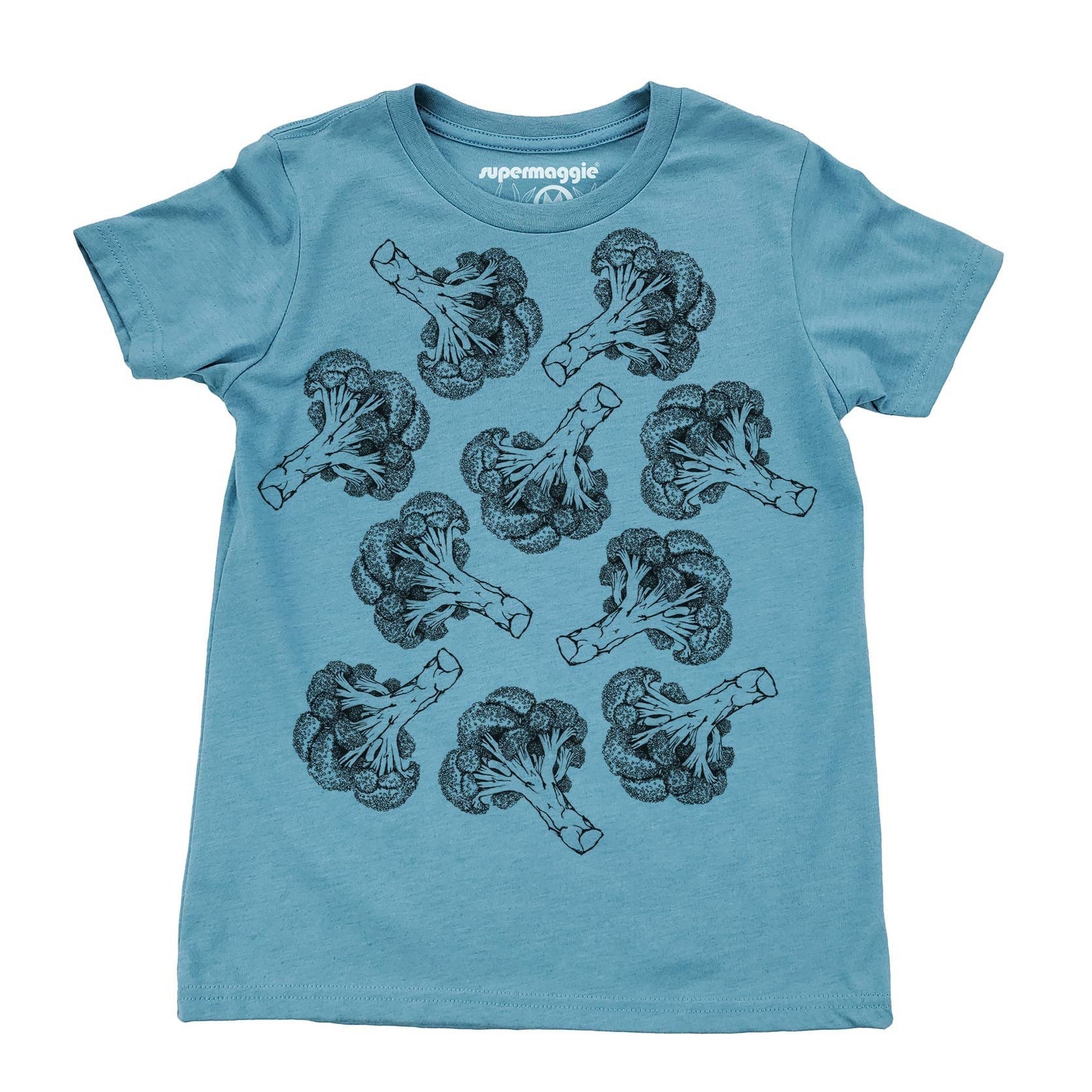 Blue t-shirt with black broccoli illustrations on a white background