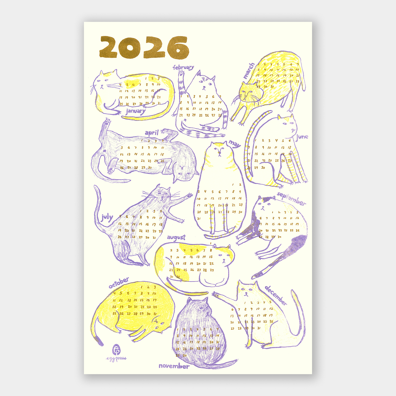 Calendar for the year 2026 with cat illustrations on a white background