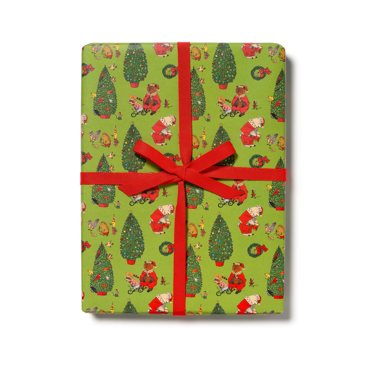 A rectangular gift box wrapped in festive green Christmas paper with a repeating pattern of Santa Claus, Christmas trees, and holiday motifs, tied with a bright red ribbon and bow on a white background.