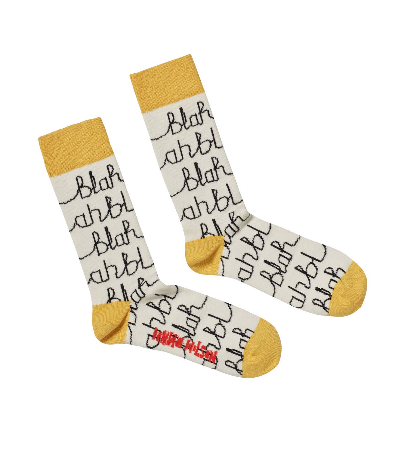 Pair of socks with 'blah blah blah' text and mustard yellow accents on a white background