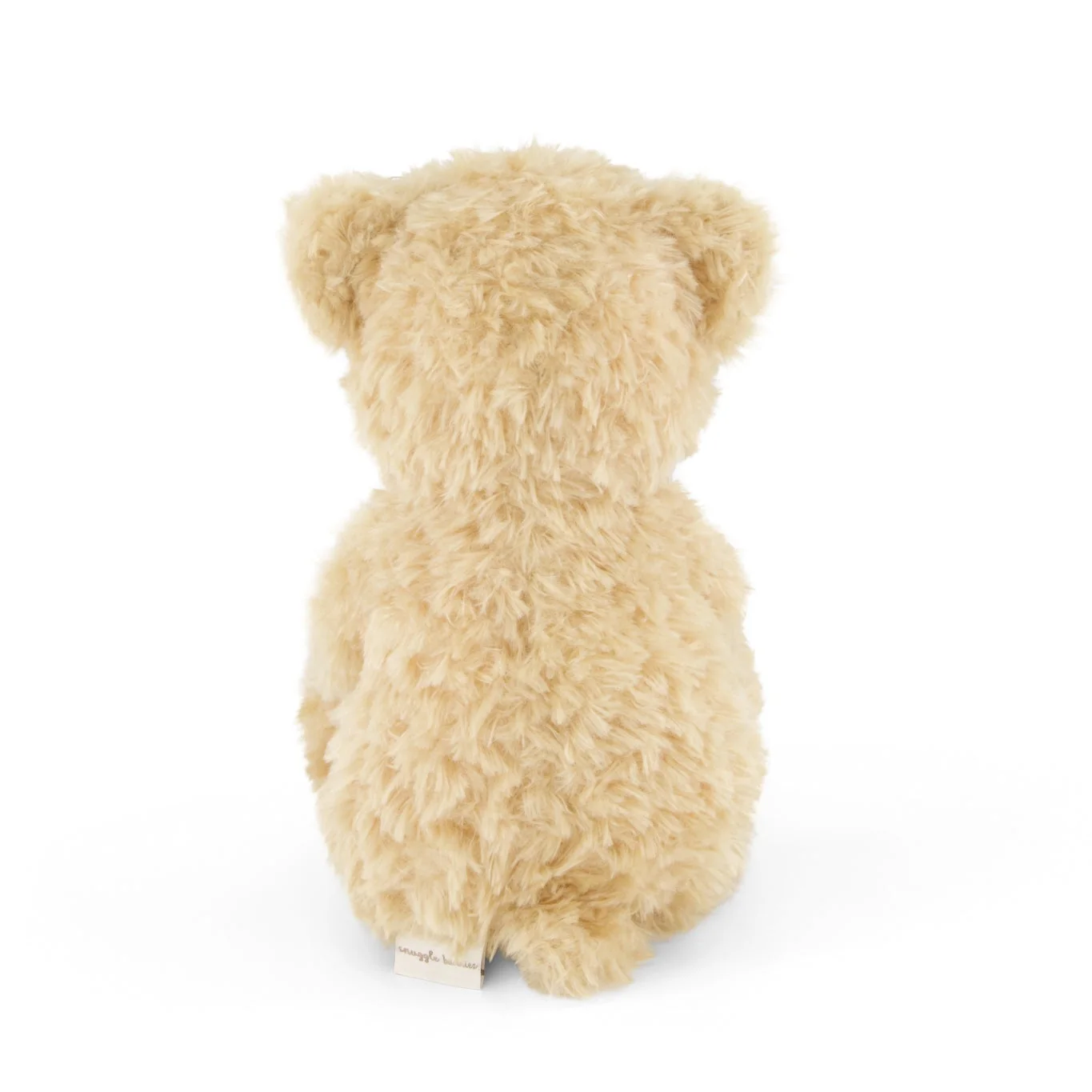 Back view of a beige teddy bear on a white background