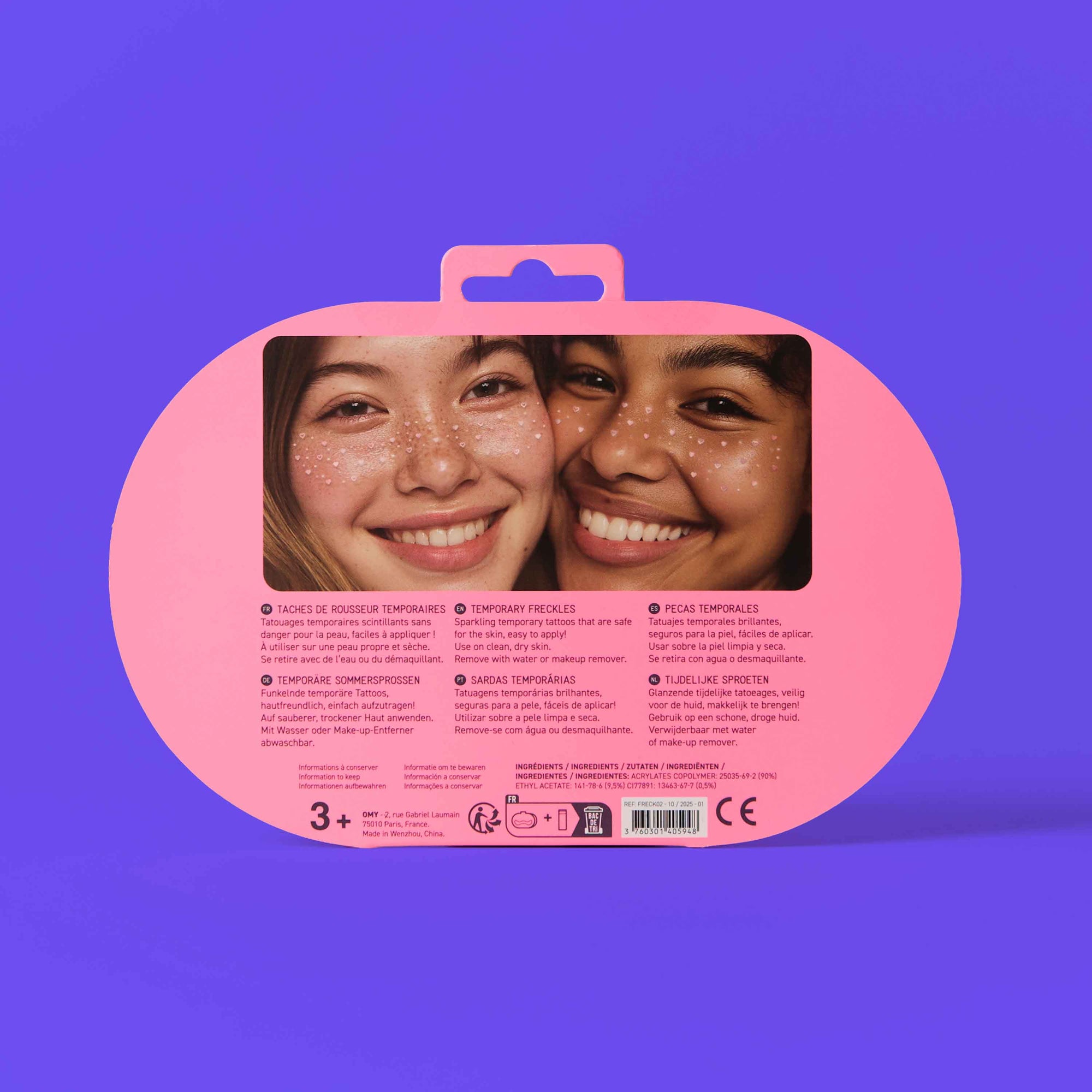 Pink packaging with images of two people on a purple background
