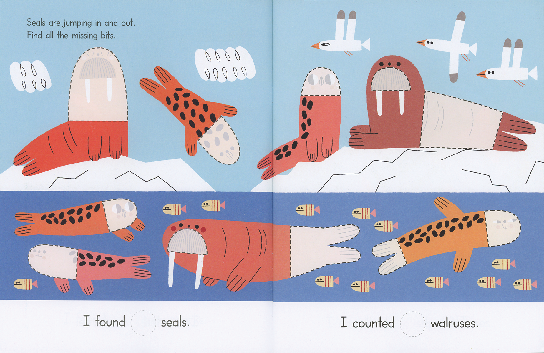 Illustrated book page with seals and walruses on a blue background