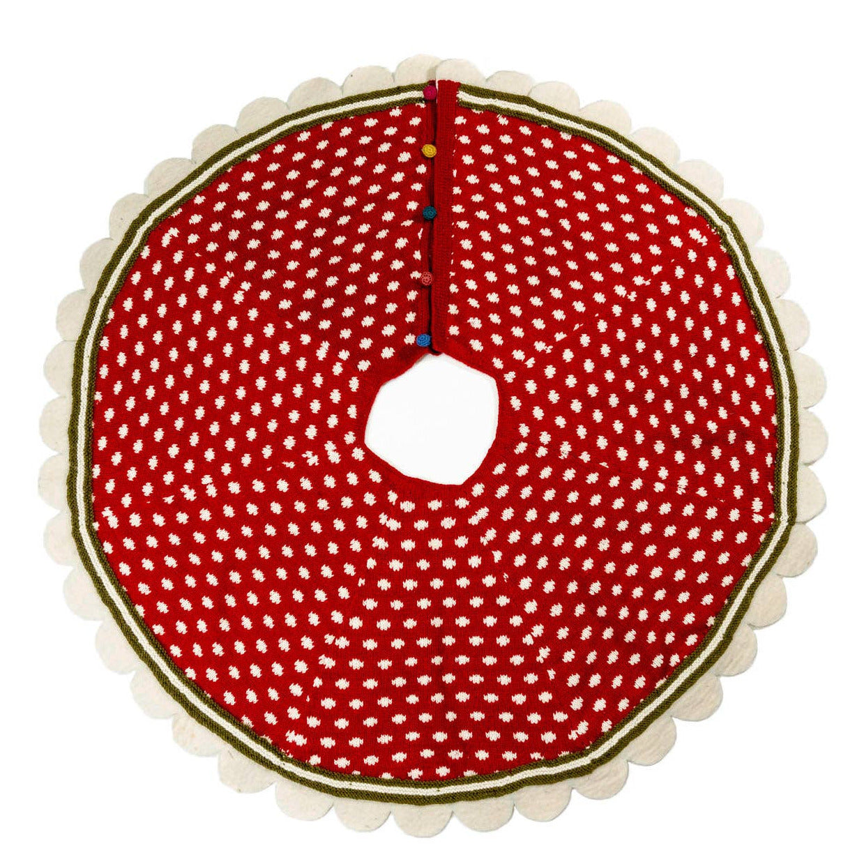 Red polka dot Christmas tree skirt on a white background