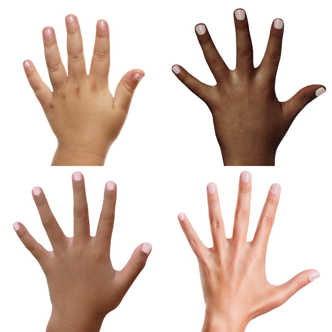Four hands of different skin tones on a white background