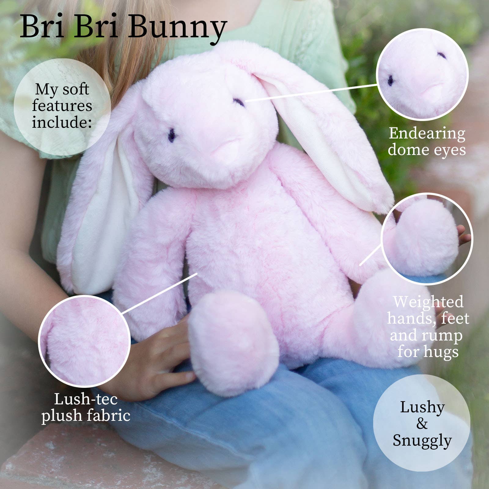 Pink plush bunny held by a child with features highlighted