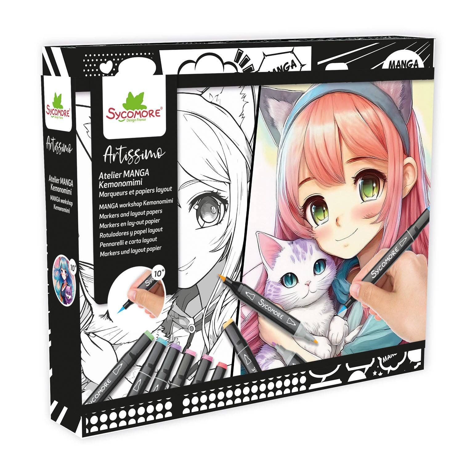 Sycamore Artissimo manga art set packaging with illustration of a girl and cat.