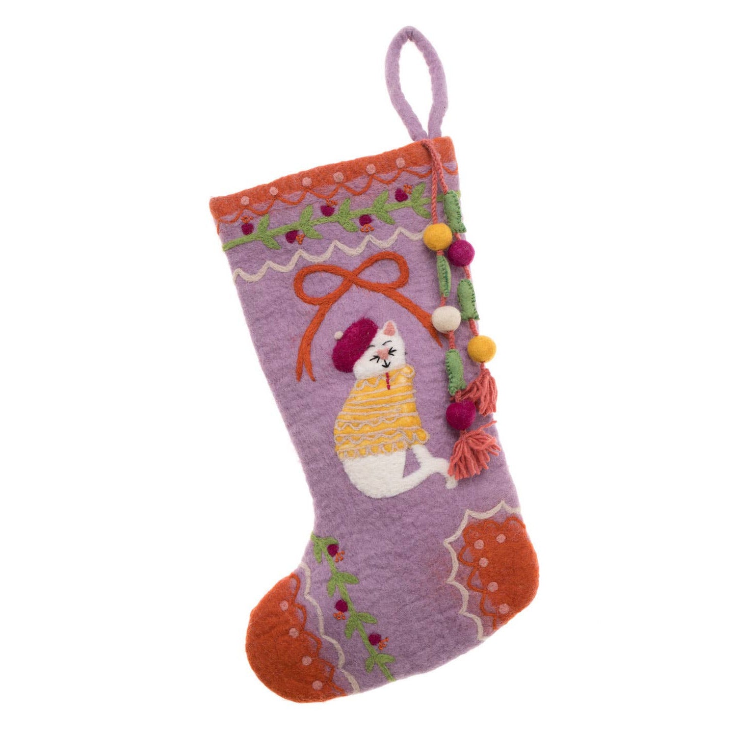 Decorative Christmas stocking with a cat design on a white background