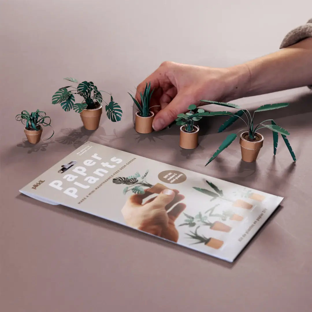 Hand arranging small potted plants next to a 'Paper Plants' book on a table.