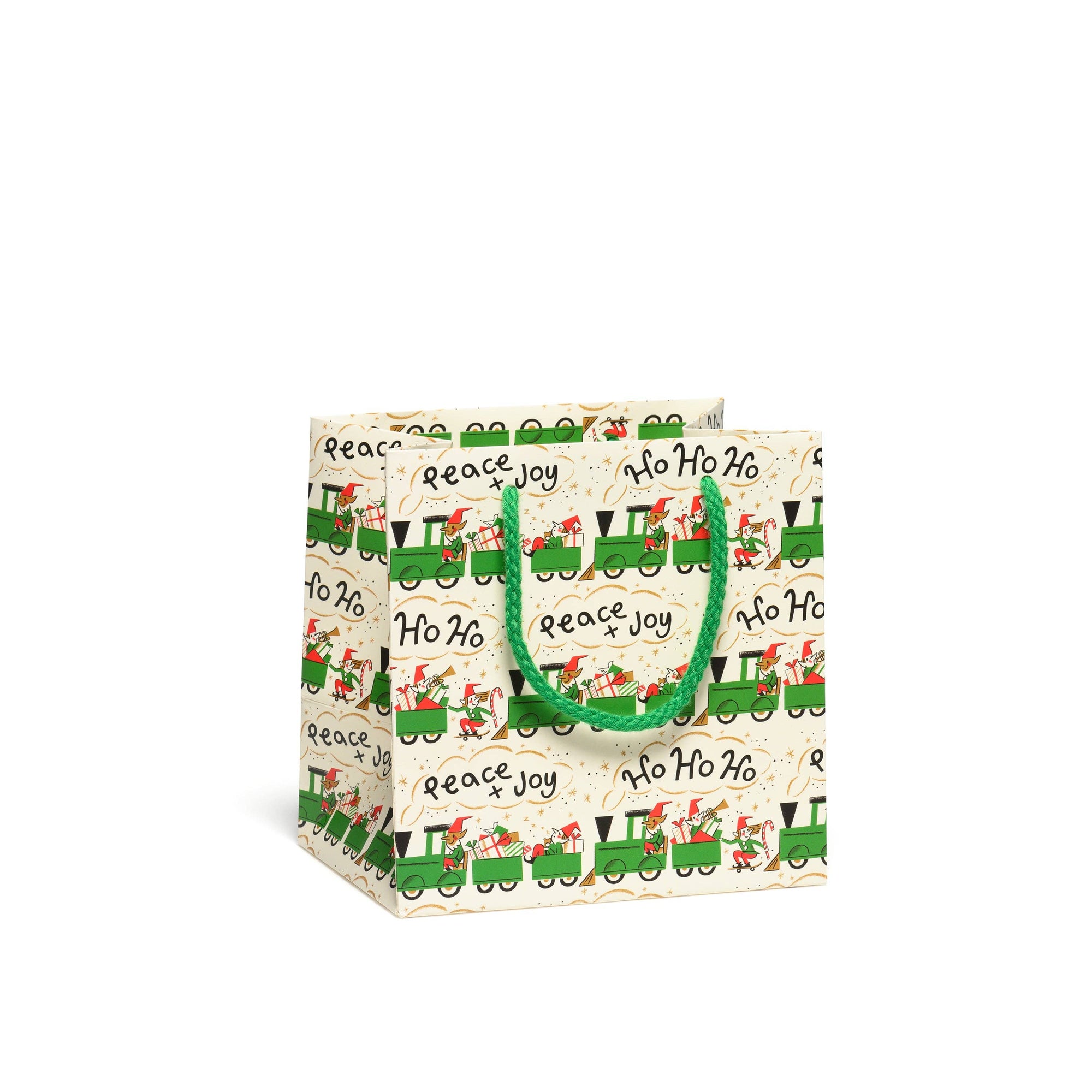 Gift bag with Christmas train design and text on a white background