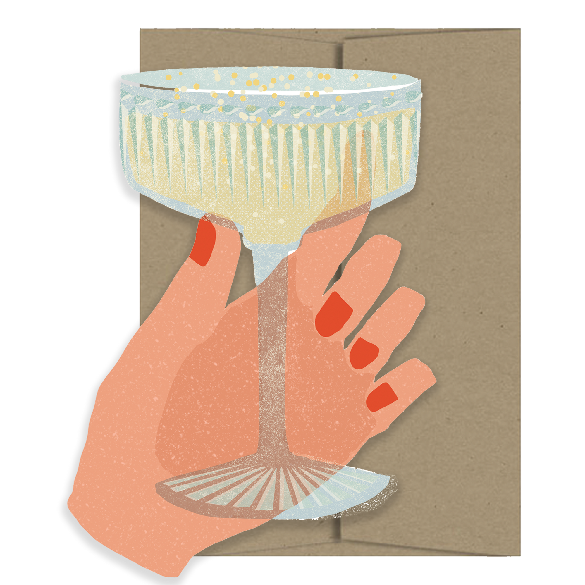 Illustration of a hand holding a cocktail glass on a brown card