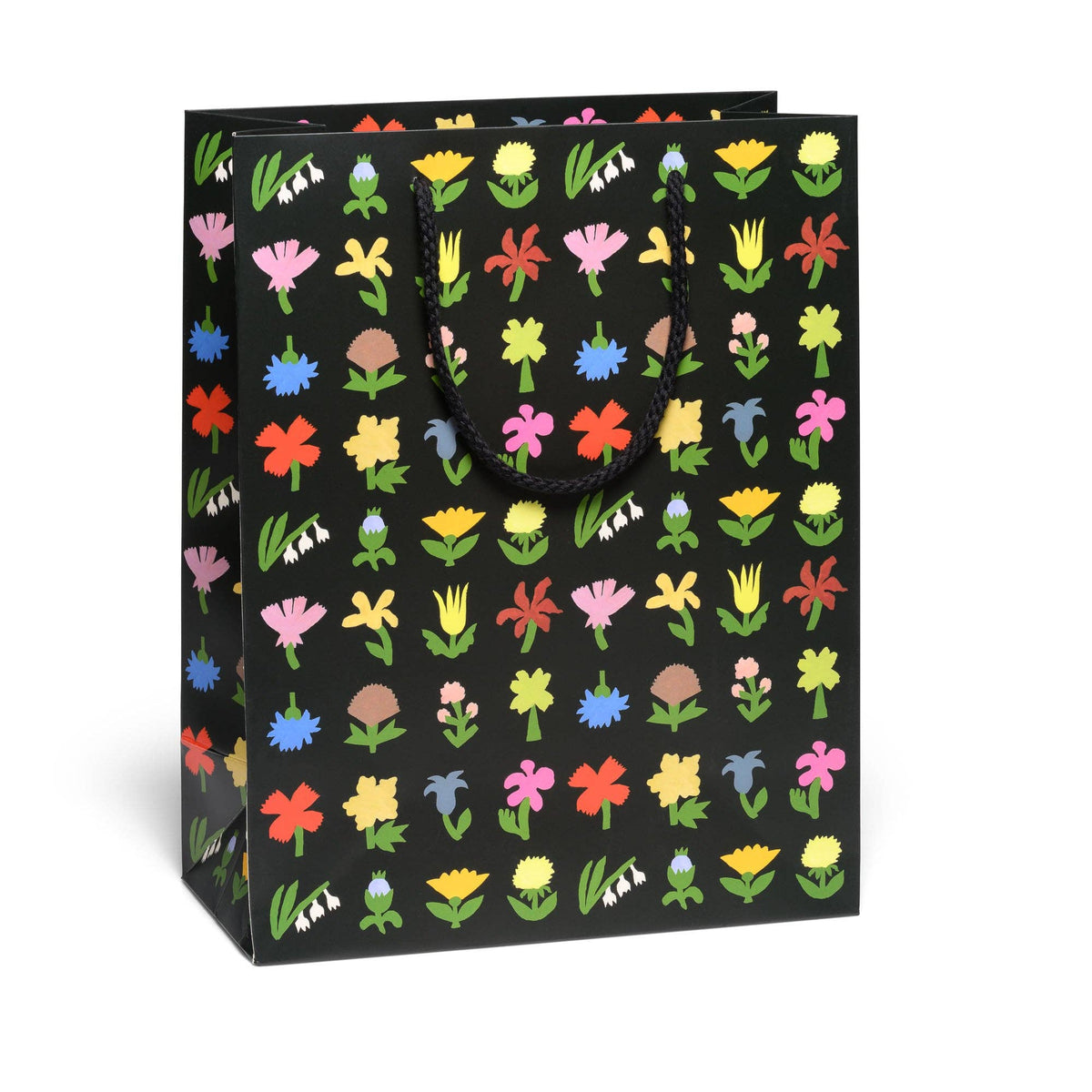Black gift bag with colorful floral pattern on a white background