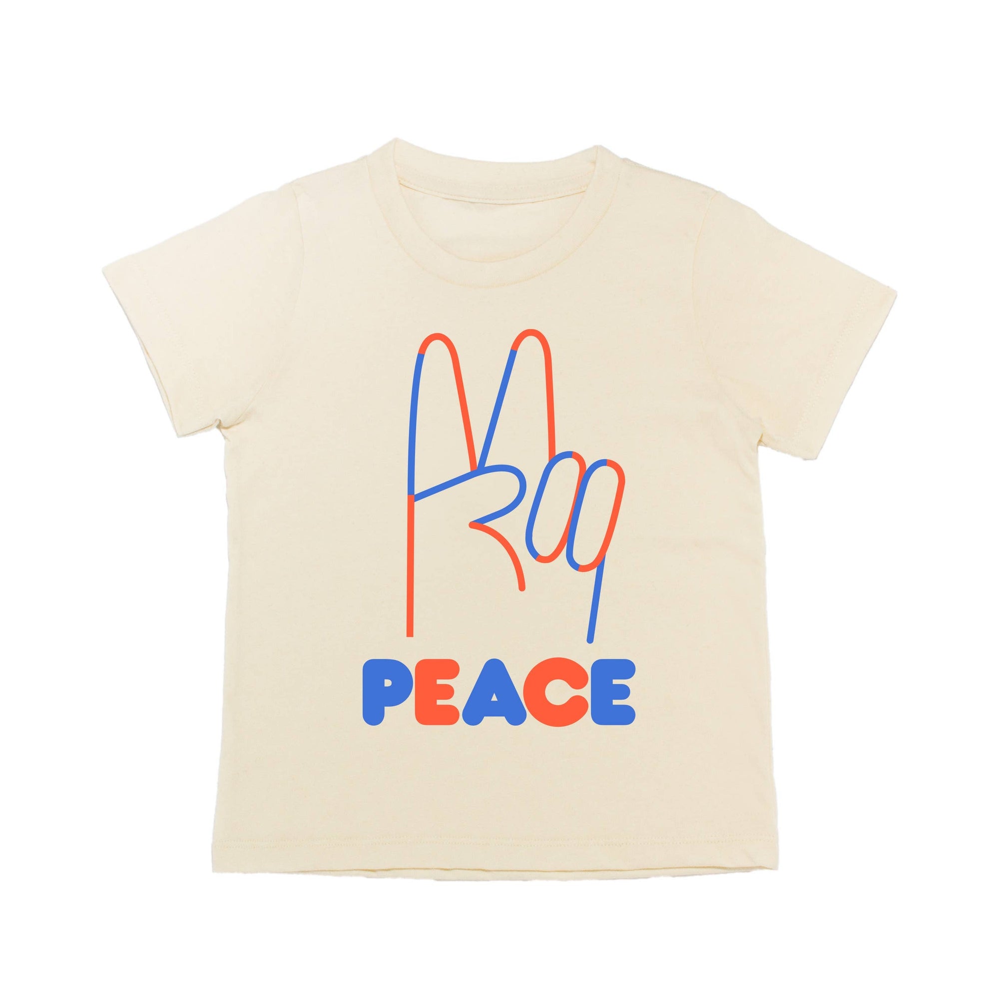 Beige t-shirt with colorful 'PEACE' design on a white background